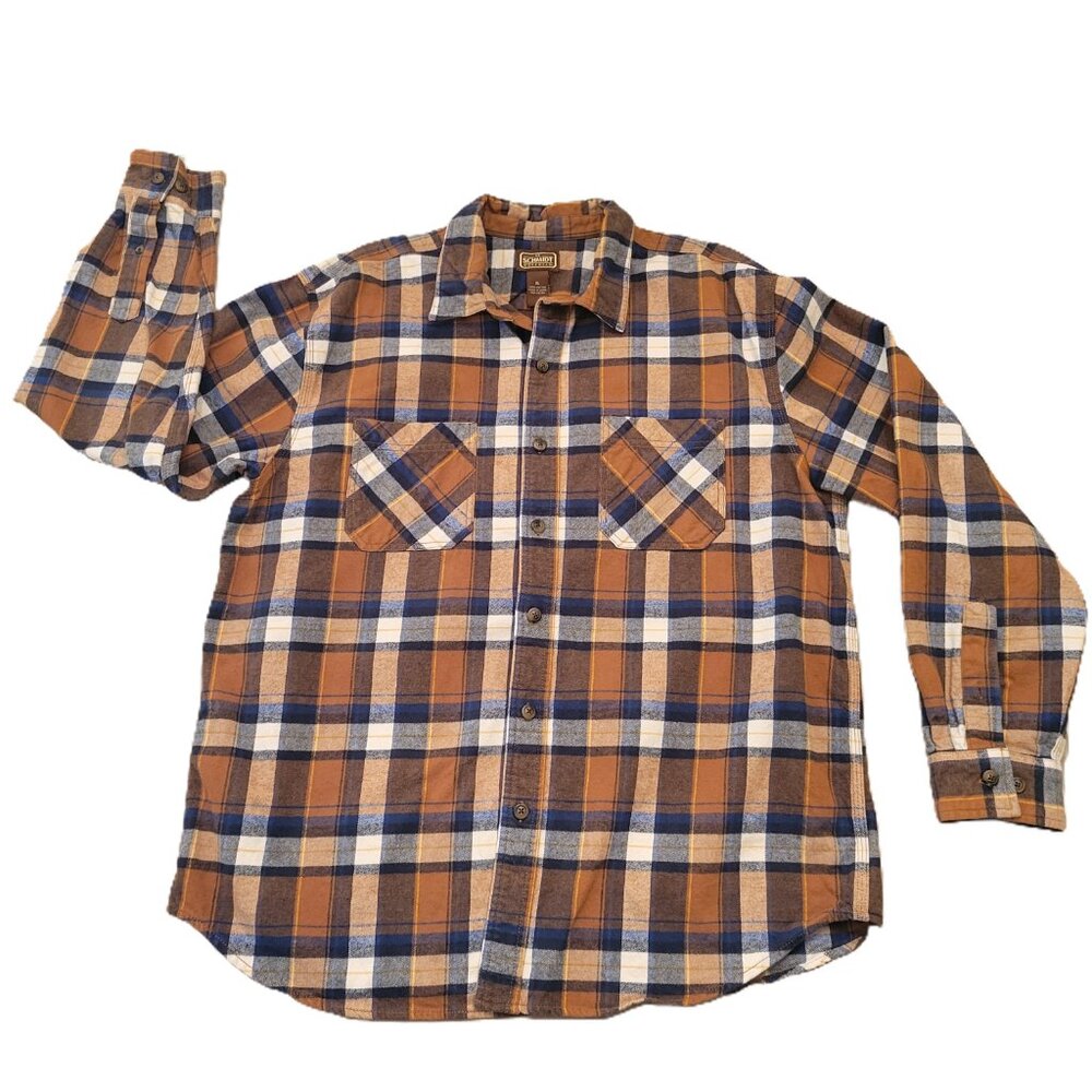 SCHMIDT Workwear Carpenter Men's Plaid Flannel Button Up Shirt Brown Cotton XL